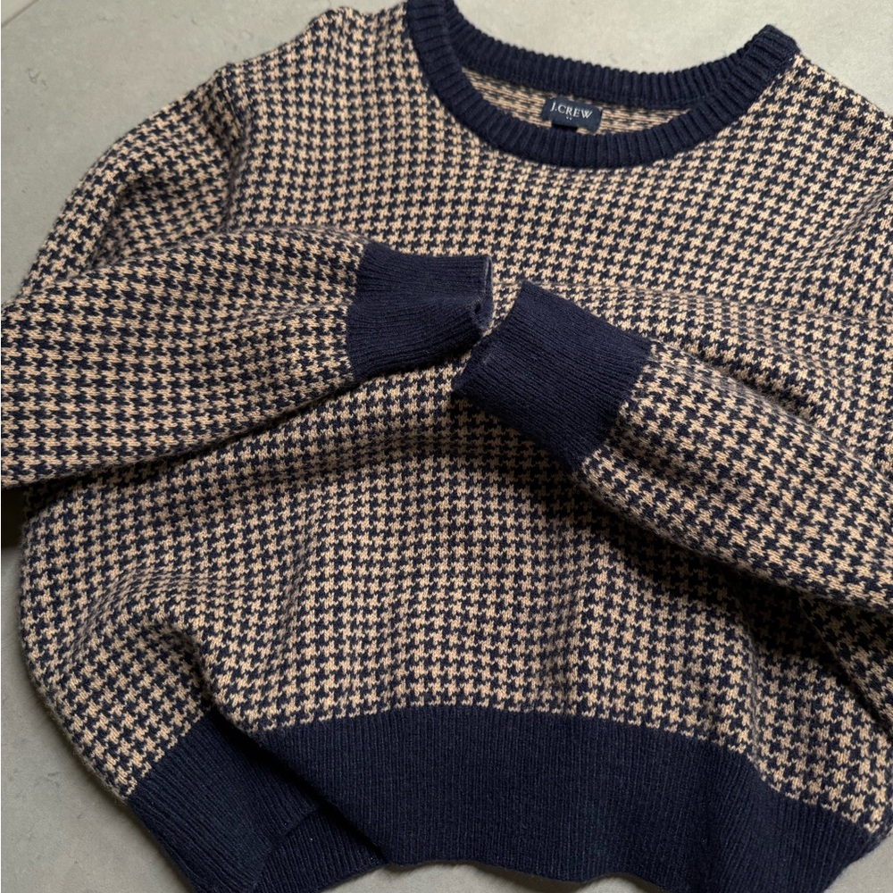 J. Crew Houndstooth Crewneck Sweater Blue Tan